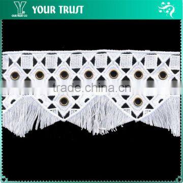 Width 9.0 Centimeter 10MM Gold Grommet White Lace Tassel Metal EyeletTrimming