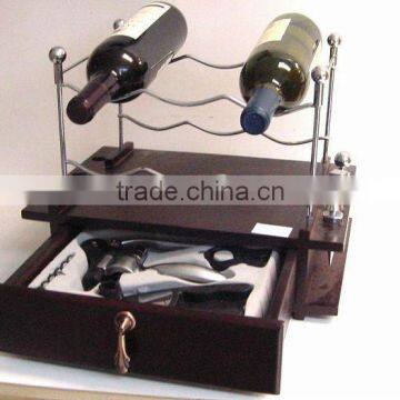 Wooden Wine Bottle Storage Display Rack with Bar Tool Drawer and Durable Metal Wire Holder and Classic Design for Home Bar Hotel