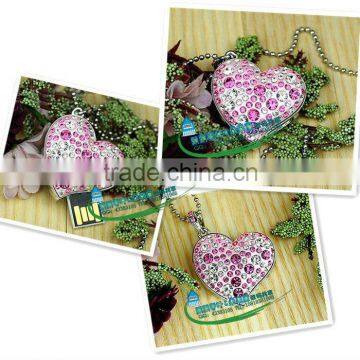 Top selling full capacity jewelry/crystal/diamond usb heart for love, custom usb heart shaped