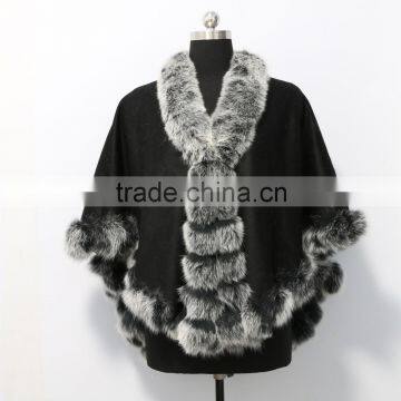 2015 fashion women cashmere cape with real fur trim from China