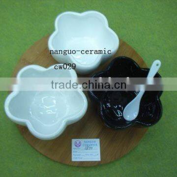 3pcso f saucer bowl with wooden tray ceramic white bowls