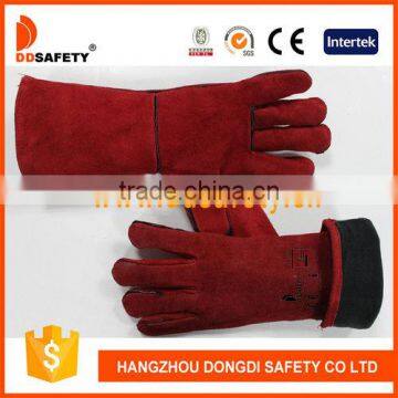 DDSAFETY Wholesale Red Industrial Leather Hand Gloves With Lining And Palm One Piece Back