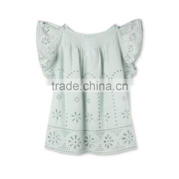 Latest Fancy Pretty Broderie Anglaise Blue Cotton Girls Top With Frilled Sleeves Kids Childerens Boutique Clothing HSd5108 photo-4