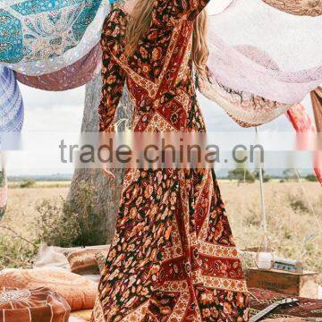 Bohemian Front Button Down Vintage Long Sleeve One Piece Maxi Dress HSd5170 photo-5