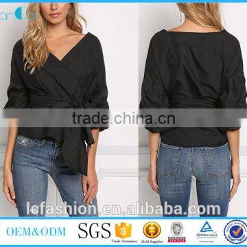 2017 Fashion black blouse ruched sleeve tie front top for women