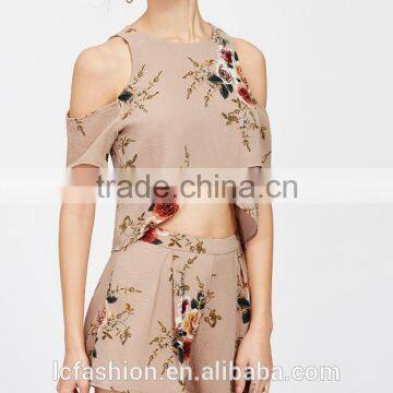 Two Piece Set Women Clothing Floral Print Cold Shoulder Crop Split Top With Shorts photo-5