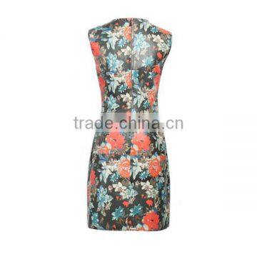 China Supplier Women Woven Garment Factory Ladies' Sleeveless Slim Fit Flora Printed Round-necked Designer One Piece Party Dress photo-3