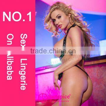 Best Price Sunspice Coquette Open Cup Crotchless Chain Vinyl Black Leather Teddy photo-2