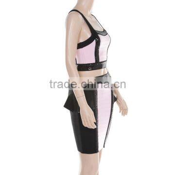 New Fashion 2015 Sequined Two Piece Pink And Black Flouncing High Quality Bodycon HL Bandage Dress photo-3