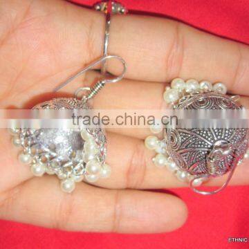 Silver Tone Jhumka Pearl Bollywood Dangler EARRINGS photo-3