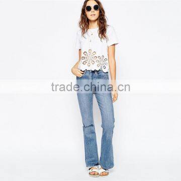 Girls Floral Cutwork and Embroidered Hem t Shirts photo-4