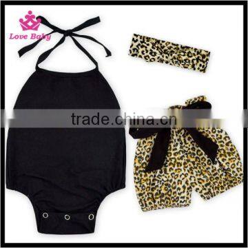 2016 Black Romper With Leopard Shorts Simple Design 3pcs Set Infants Rompers Suit