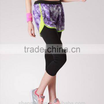 Ladies open-air spring/autumn slim fit fake two-piece 3/4 quick-dry purple mesh running/yoga sports pants