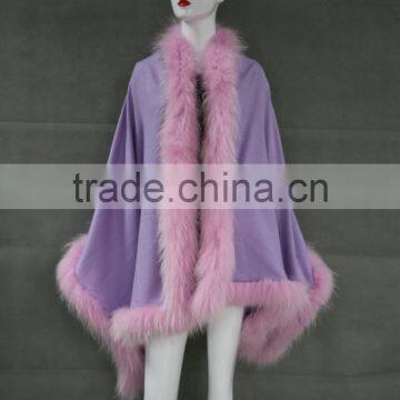 New Product Cashmere Cape With Purple Raccoon Fur Trim / Winter Ladies Poncho Shawl