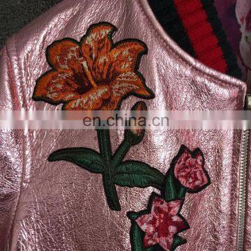 Wholesale Real Sheepskin Baseball Uniform Metallic Pink Leather Jackets photo-2