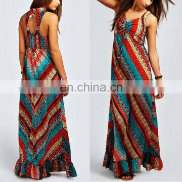 High Quality Lady Stripe Print Tie Detail Thailand Wholesale Clothing/Sleeveless Long Maxi Dress