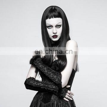 Punk Rave gothic black velvet laced gloves with fur S-227