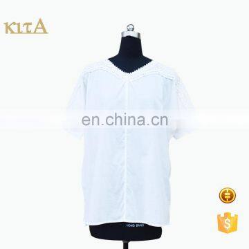Women V Neck T-shirt Short Sleeve Cotton Lace Decorate Blouse