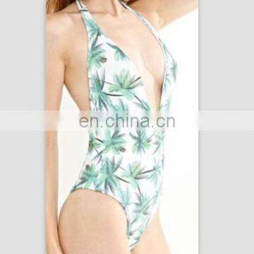 Women's One Piece swimwear Green tree printed Backless Deep V halter Neck sexy Monokini