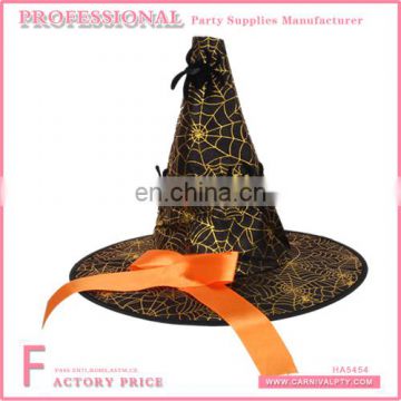 Gold polyester cuspidal witch hat with printed spider web and orange satin ribbon decorated