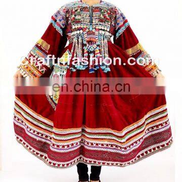 Traditional Balochi Coins Dress- Afghan Dress In Velvet Tribal Silk Embroidered Dress- Banjara Kuchi Tribal Ethnic Clothes photo-2