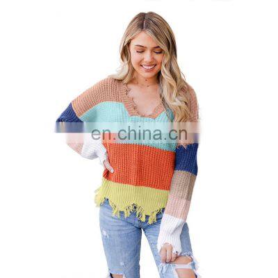 High Quality Winter Colorblock, Distressed Pullover Knit Women Loose Sweater/ photo-4