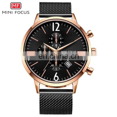 MINI FOCUS MF0185G Men's Quartz Watches Stainless Steel Mesh Strap Chronograph Waterproof Wristwatch Men Clock