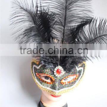 Black Cheap Ostrich Feather Mask With Gem Masquerade Mask For Party Sale