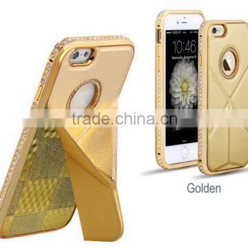 Luxury Plaid Pattern Cowhide Leather Back Cover With Kickstand Diamond Chrome Edged Bumper Hard Case for Iphone6 6plus photo-5