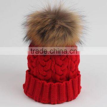 2016 Real cable knit hat with big raccoon pom poms