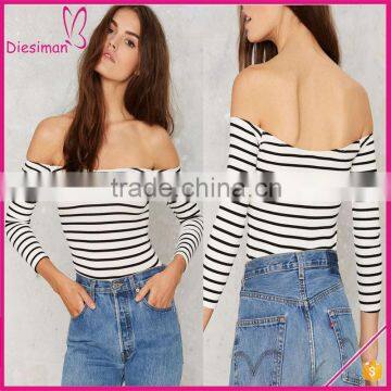 High Fashion New Look Ladies 3/4 Sleeve Ribbed Black and White Stripe Off Shoulder Top