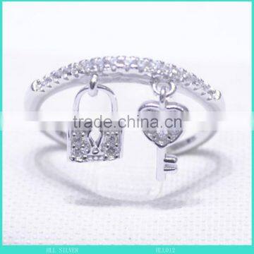 silver ring zircon stone ring heart key and lock ring factory price