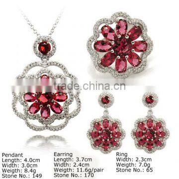 [SZQ-0169] 925 Silver Jewelry Set with CZ Stones, Jewelry Set with Red & White Stones, Jewelry Set with Flowers