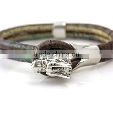 Ture Snakeskin Leather Bangle with Dragon Head Clasp Bracelet for Men