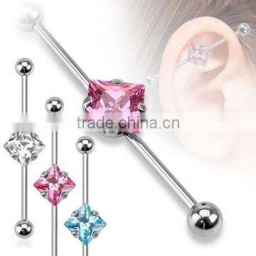 Square CZ Gem Stainless Steel Industrial Bar Scaffold Ear Barbell Rings