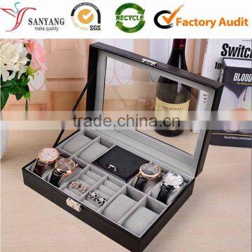 Fashion Black Color Jewelry Display Box Leather Velvet Watch Storage Box With PVC Window