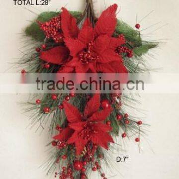 2015 new christmas artificial poinsettia and berry wreath for christmas home wall decoration