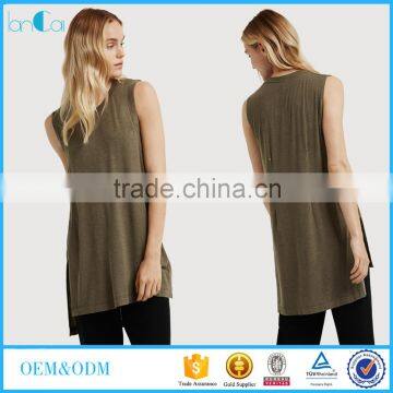 Latest Fashion Design Women Clothing Sleeveless Side Split Loose Long T-shirt