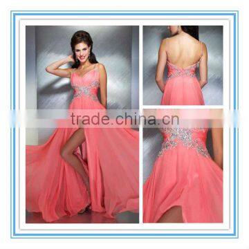 Hot Sale Spaghetti Straps Pink Side Slit Sequins Evening Dresses (EVMA-1013)