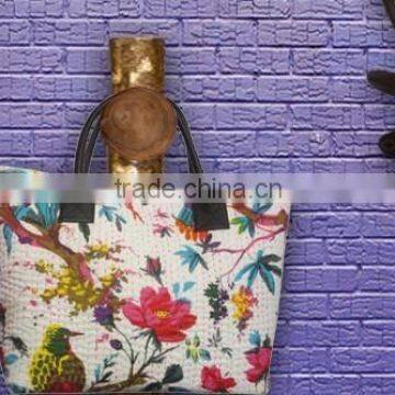 RTHHBC-13 Indian Bired And Flowers Printed Kantha leather handled tote shopping bags Manufacturer And Suppliers Jaipur