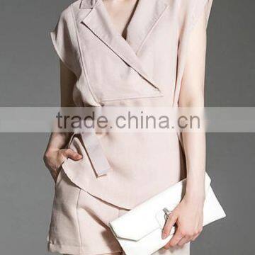 Two-piece-outfits latest fashion design women clothing Apricot V Neck Top With Pockets Shorts