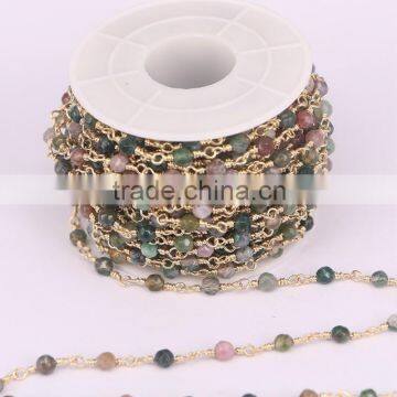 New Brass Handmade Wire Wrapped Agate Stone Faceted Round Stone Beads Link Chains Jewelry Findings