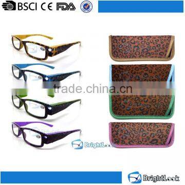 New stylish trend top quality personal black plastic double led light flashing granny reading glasses with case