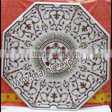 White Hamdmade octagonPietra dura table top, Marble Inlay Table Top