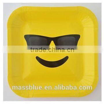 Yellow color square shape paper plate with sunglasses expression