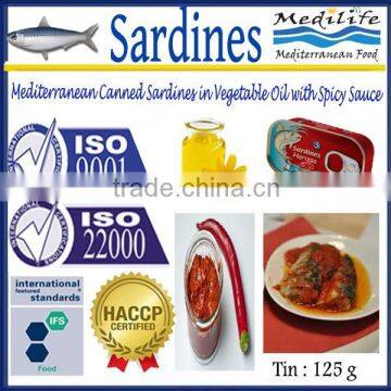 Mediterranean Canned Sardines in Vegetable Oil with Spicy Sauce , High Quality Sardines,Sardines in cans with Spicy Sauce 125g