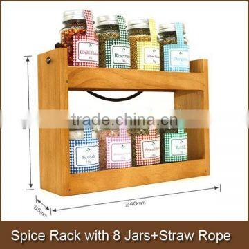 Spice Rack with 8 Jars+Straw Rope