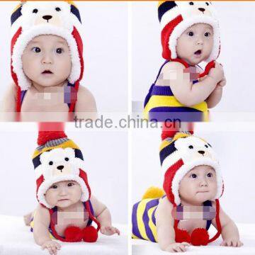 Crochet Baby Hat Stripe Pattern Cartoon Bear Design Thicken Kids Winter Caps