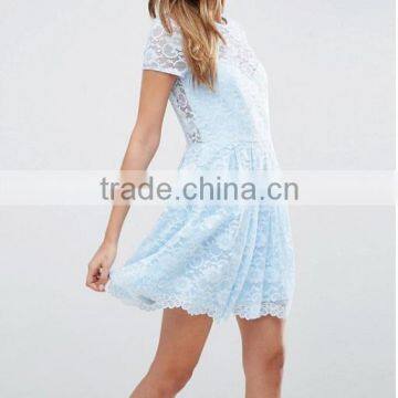 Guangzhou clothing OEM Blue Pleated Skirt Lace Mini T-Shirt Dress