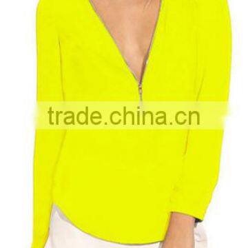 2016 New Fashion Women Autumn Sexy Long Sleeve Zipper Chiffon Blouse